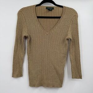 Lauren Ralph Lauren Sweater Womens Small Gold Pullover Metallic Cable Knit